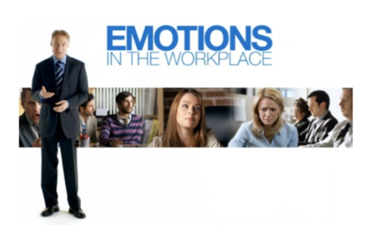 "Emotions in the Workplace" with a man presenting to a diverse group of people experiencing various emotions.